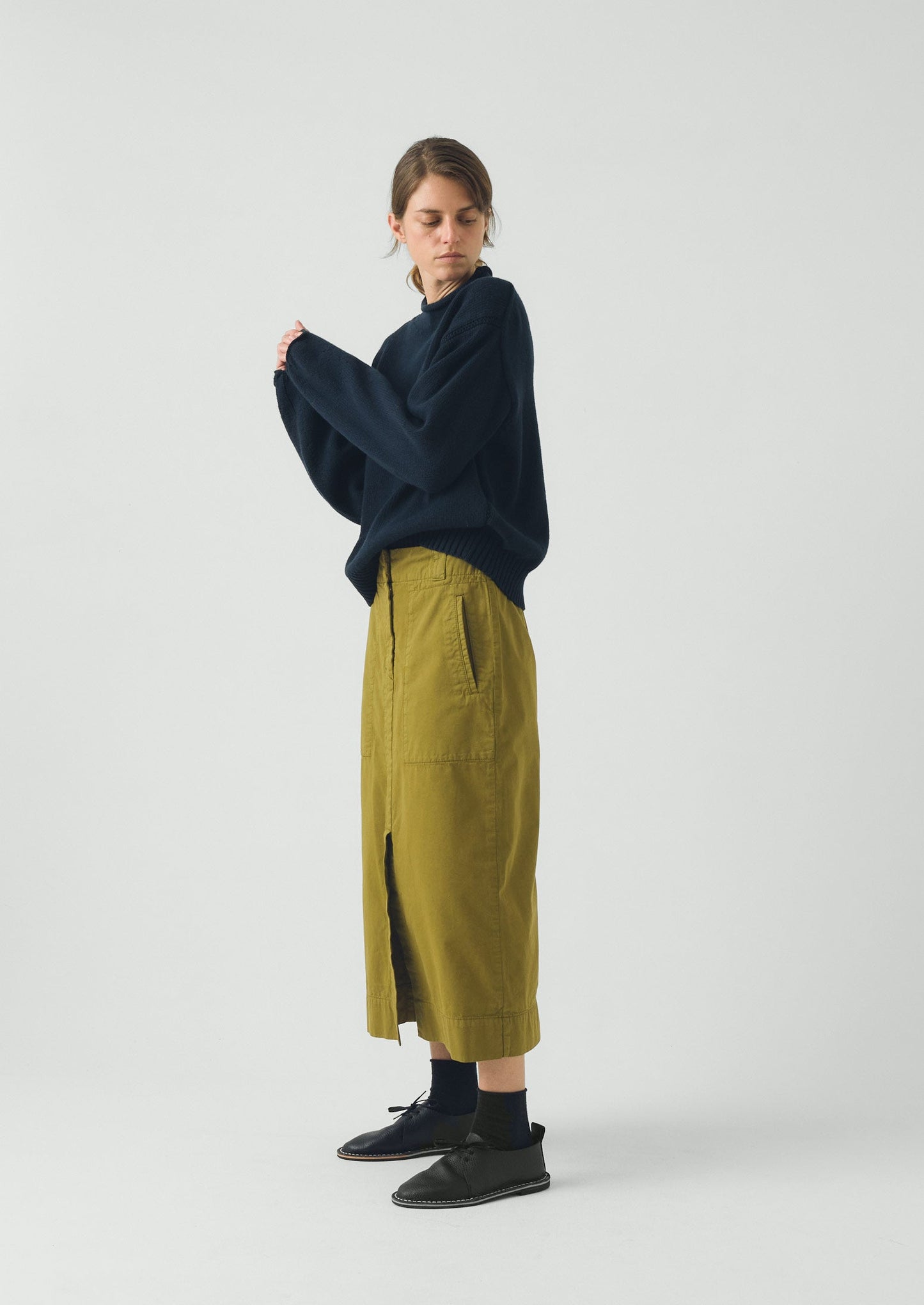 Straight Cotton Twill Skirt | Warm Olive