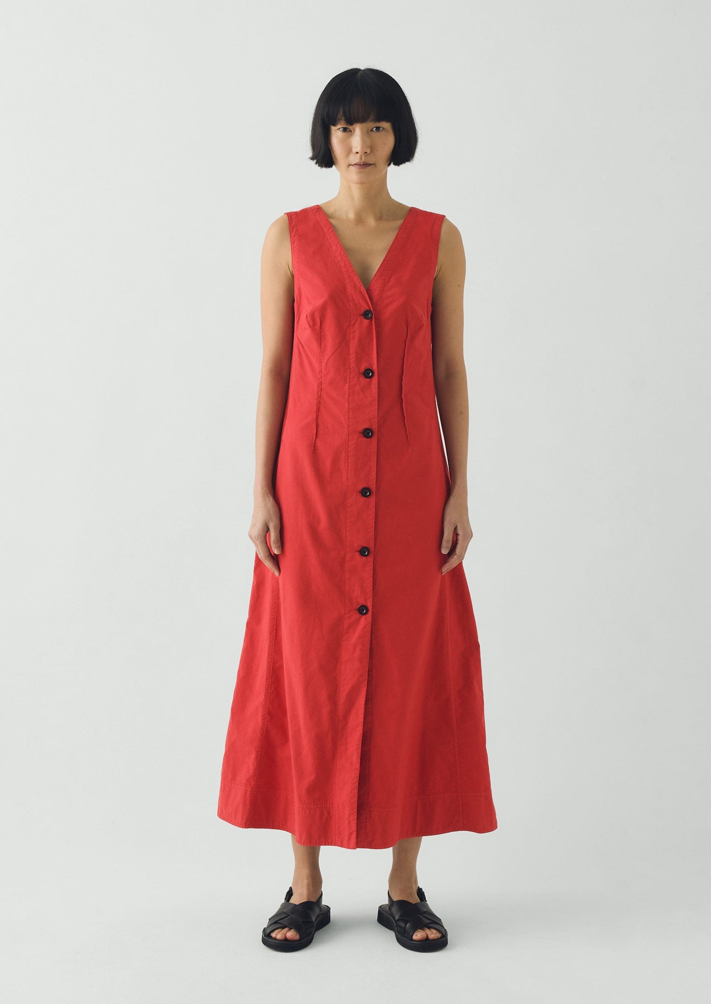 V Neck Cotton Linen Poplin Dress | Goji Berry