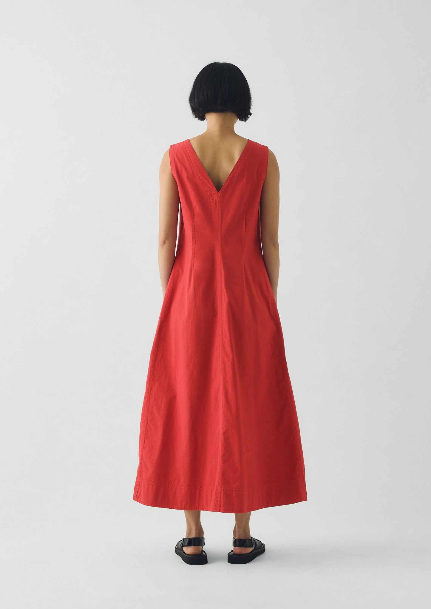 V Neck Cotton Linen Poplin Dress | Goji Berry