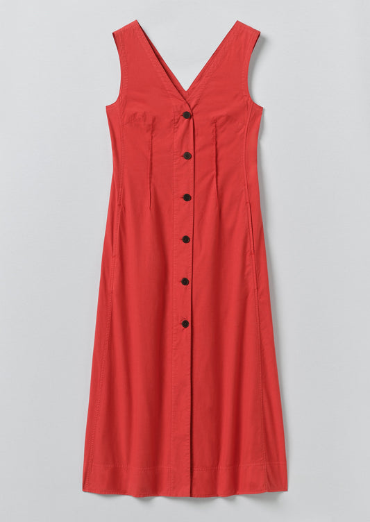 V Neck Cotton Linen Poplin Dress | Goji Berry