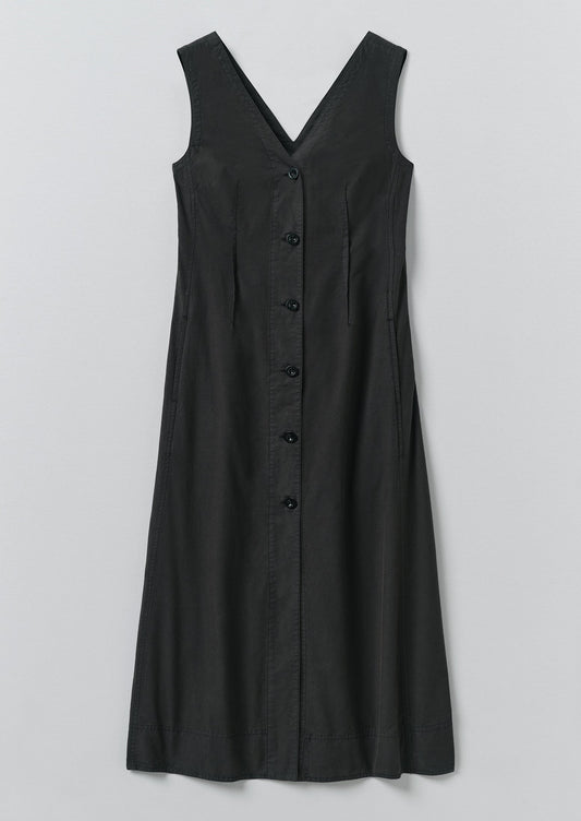 V Neck Cotton Linen Poplin Dress | Washed Black